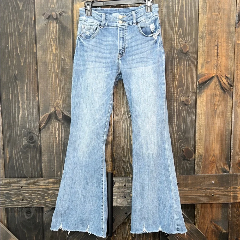 KanCan High Rise Super Flare Jeans 28 Distressed Denim Medium Stretch Boho 30 - Picture 1 of 12